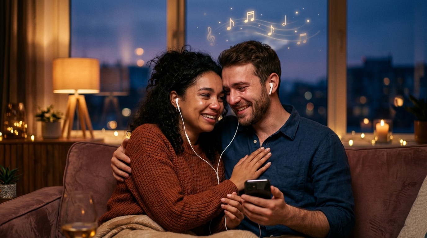 Un couple heureux assis sur un canapé le soir, partageant leurs écouteurs pour écouter leur chanson personnalisée
